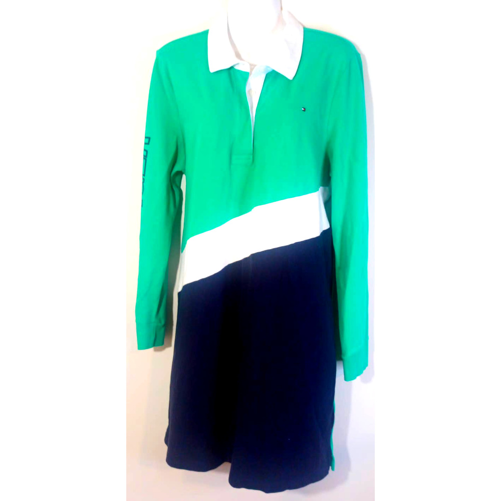 Tommy Hilfiger Women XL Long Green Blue White Polo Dress Long Sleeve